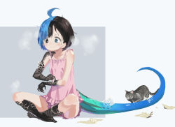 Rule 34 | 1girl, ahoge, ari hinoko, bare arms, bare legs, barefoot, black eyes, black hair, blue eyes, blue hair, blush, breath, cat, claws, closed mouth, commentary request, full body, heavy breathing, heterochromia, highres, indian style, lizard tail, looking down, monster girl, multicolored hair, original, pajamas, pink shirt, scales, shearing, shedding, shedding skin, shirt, short hair, short shorts, shorts, sitting, sleeveless, sleeveless shirt, solo, split-color hair, tail, two-tone hair, wakao ruri