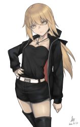 Rule 34 | 1girl, artoria pendragon (all), artoria pendragon (fate), belt, belt buckle, black bow, black footwear, black jacket, black shirt, black shorts, blonde hair, boots, bow, breasts, buckle, cleavage, closed mouth, collarbone, cross, cross necklace, dated, fate/stay night, fate (series), hair between eyes, hair bow, hand on own hip, jacket, jewelry, long hair, long sleeves, looking at viewer, low ponytail, necklace, open clothes, open jacket, saber alter, saber alter (ver. shinjuku 1999) (fate), shirt, short shorts, shorts, signature, simple background, small breasts, solo, standing, thigh boots, thighhighs, very long hair, viktorf, white background, white belt, yellow eyes, zettai ryouiki