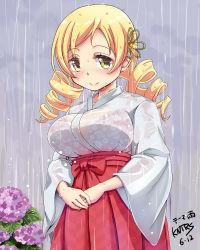 Rule 34 | 10s, 1girl, absurdres, blonde hair, bra, breasts, drill hair, floral print, flower, frilled bra, frills, hair ornament, highres, hydrangea, japanese clothes, kentarosu7, kntrs (knyrs), large breasts, long hair, looking at viewer, mahou shoujo madoka magica, mahou shoujo madoka magica (anime), miko, pink bra, print bra, rain, see-through, smile, solo, soul gem, tomoe mami, twin drills, twintails, underwear, wet, wet clothes, yellow eyes