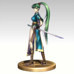 Rule 34 | 1girl, bad id, bad pixiv id, boots, breasts, china dress, chinese clothes, dress, earrings, faux figurine, fingerless gloves, fire emblem, fire emblem: the blazing blade, gloves, gonzarez, gradient background, green eyes, green hair, high ponytail, jewelry, katana, knee boots, long hair, lyn (fire emblem), matching hair/eyes, medium breasts, nintendo, pelvic curtain, ponytail, sheath, sheathed, side slit, smile, solo, standing, super smash bros., sword, trophy, very long hair, weapon