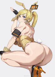 Rule 34 | 1girl, alternate hairstyle, animal ears, arm support, armband, armor, ashiomi masato, ass, back, bare shoulders, black gloves, blonde hair, blue eyes, blush, breasts, fake animal ears, fake tail, fingerless gloves, gloves, guilty gear, guilty gear strive, hand gesture, high heels, highleg, highleg leotard, highres, huge ass, large breasts, legs, leotard, long hair, looking at viewer, millia rage, playboy bunny, ponytail, rabbit ears, rabbit tail, simple background, solo, squatting, strapless, strapless leotard, tail, tiptoes, wrist cuffs, yellow leotard