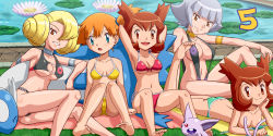 Rule 34 | 00s, 5girls, :d, annie (pokemon), antenna hair, arm support, armlet, armpits, arms behind head, arms up, ass, asymmetrical hair, barefoot, beach towel, bianca (pokemon heroes), bikini, black bikini, black one-piece swimsuit, blonde hair, blue eyes, blunt bangs, blush, body blush, breasts, brown eyes, brown hair, butt crack, cameltoe, censored, cleavage, cleavage cutout, clone, clothing cutout, convenient censoring, covered erect nipples, creatures (company), drill hair, espeon, feet, flipped hair, flower, forehead jewel, front-tie bikini top, front-tie top, game freak, gen 2 pokemon, gen 3 pokemon, grass, green bikini, grin, hair over one eye, head rest, jewelry, large breasts, latias, latios, leg up, legendary pokemon, light smile, lily pad, looking at viewer, lying, midriff, misty (pokemon), multiple girls, multiple tails, navel, neck ring, nintendo, o-ring, o-ring bikini, o-ring bottom, oakley (pokemon), one-piece swimsuit, open mouth, orange eyes, orange hair, outdoors, pokemoa, pokemon, pokemon (anime), pokemon (classic anime), pokemon (creature), pokemon heroes: latios &amp; latias, pool, poolside, print bikini, print swimsuit, reclining, red bikini, scrunchie, short hair, side-tie bikini bottom, side ponytail, sideboob, sitting, slingshot swimsuit, small breasts, smile, soles, string bikini, swimsuit, tail, toe scrunch, toes, topfreedom, topless, towel, twin drills, twintails, underboob, untied bikini, water, white hair, wide hips