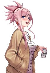 Rule 34 | 1girl, applekun, beer can, blue eyes, can, casual, contemporary, drink can, earrings, fate/grand order, fate (series), hand in pocket, highres, jacket, jewelry, miyamoto musashi (fate), open mouth, pink hair, shirt, sidelocks, simple background, solo, striped clothes, striped shirt, upper body, white background