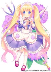 Rule 34 | 1girl, apron, blonde hair, blue dress, dress, floral print, flower, flower knight girl, frills, full body, hair flower, hair ornament, heart, heart hands, heliotrope (flower knight girl), kneehighs, long hair, looking at viewer, maid headdress, mary janes, name connection, object namesake, official art, purple eyes, red footwear, shoes, smile, socks, solo, staff, standing, twintails, usashiro mani, white socks