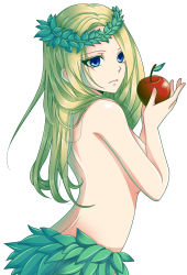 Rule 34 | 1girl, absurdres, apple, bad id, bad pixiv id, blonde hair, blue eyes, breasts, die ying, eve (mythology), food, from side, fruit, highres, leaf skirt, skirt, solo, the bible, topless, upper body, wreath