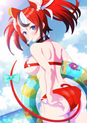 Rule 34 | 1girl, absurdres, animal ears, ass, bikini, black hair, blue eyes, blue sky, bow, breasts, collar, dice hair ornament, from behind, hair ornament, hakos baelz, highres, hololive, hololive english, kaden, long hair, looking at viewer, looking back, medium breasts, mouse ears, mouse girl, mouse tail, multicolored hair, ocean, outdoors, red hair, shiny skin, sky, solo, spiked collar, spikes, standing, streaked hair, swimsuit, tail, tail bow, tail ornament, twintails, underboob, virtual youtuber, white hair