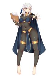 Rule 34 | 1girl, bare shoulders, black bodysuit, blue cape, blush, bodystocking, bodysuit, book, breasts, bridal gauntlets, cape, commission, cosplay, covered navel, fire emblem, fire emblem: radiant dawn, fire emblem awakening, grey hair, hair ribbon, highres, holding, holding book, jewelry, large breasts, long hair, looking at viewer, micaiah (fire emblem), nabunabu, nintendo, outstretched hand, reaching, reaching towards viewer, ribbon, second-party source, simple background, smile, solo, tharja (fire emblem), tharja (fire emblem) (cosplay), white background, yellow eyes