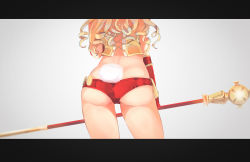 Rule 34 | 1girl, ass, blonde hair, rabbit tail, cameltoe, close-up, crop top, cross-laced clothes, curly hair, ehrrr, elin, from behind, gloves, highres, letterboxed, long hair, red gloves, red shorts, short shorts, shorts, simple background, skindentation, solo, staff, tail, tera online, white background