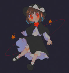 Rule 34 | 1girl, black background, black capelet, black footwear, black skirt, blush, bow, bowtie, brown hair, capelet, closed mouth, dark background, floating, frilled skirt, frills, full body, hat, hat bow, hat ribbon, light smile, long sleeves, looking at viewer, mary janes, medium hair, minamia23, red bow, red bowtie, red eyes, ribbon, shirt, shoes, simple background, skirt, socks, solo, star (symbol), touhou, usami renko, white bow, white ribbon, white shirt, white socks