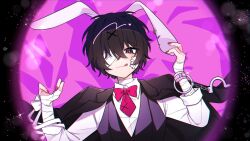 Rule 34 | 1boy, :q, animal ears, bandage on face, bandage over one eye, bandaged arm, bandaged neck, bandages, black eyes, black hair, black vest, bow, bowtie, bungou stray dogs, closed mouth, collared shirt, cuffs, dazai osamu (bungou stray dogs), earrings, handcuffs, hands up, highres, jewelry, looking at viewer, male focus, necktie, pink background, rabbit ears, red bow, red bowtie, red nails, red necktie, rnoeru chan, shirt, short hair, sleeves rolled up, smile, solo, sparkle, tongue, tongue out, upper body, vest, white shirt