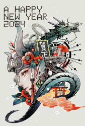 Rule 34 | 1girl, 2024, branch, brown hair, chinese zodiac, closed mouth, collage, daruma doll, dated, dragon, dragon girl, dragon horns, eastern dragon, english text, fins, flower, gears, goggles, goggles on head, grey background, happy new year, head fins, highres, horns, kedama kodama1, looking at viewer, machinery, maneki-neko, neon lights, new year, oil-paper umbrella, original, portrait, red eyes, red flower, short hair, simple background, slit pupils, smile, solo, torii, umbrella, whorled clouds, year of the dragon