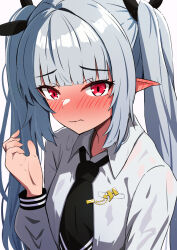 Rule 34 | 1girl, alternate hairstyle, amenocchi, black necktie, blue archive, blunt bangs, blush, collared shirt, commentary request, dark-skinned female, dark skin, embarrassed, grey hair, hair ribbon, highres, iori (blue archive), long hair, long sleeves, looking at viewer, necktie, pointy ears, red eyes, ribbon, school uniform, shirt, sidelocks, simple background, solo, tie clip, twintails, wavy mouth, white shirt