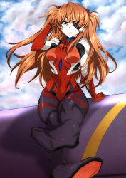 Rule 34 | 10s, 1girl, :&lt;, adjusting hair, blue eyes, breasts, day, evangelion: 3.0 you can (not) redo, eyepatch, foreshortening, frown, full body, hair between eyes, hair ribbon, half-closed eyes, hand in own hair, legs, legs together, long hair, nakahira guy, narrow waist, neon genesis evangelion, outdoors, plugsuit, rebuild of evangelion, ribbon, scowl, shiny clothes, sitting, skin tight, solo, souryuu asuka langley, thighs, twintails, two side up, v-shaped eyebrows
