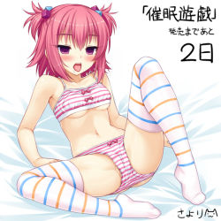 Rule 34 | 1girl, :o, animal ears, artist name, bad id, bad pixiv id, blush, bra, breasts, cat ears, cat girl, copyright name, countdown, cube hair ornament, drooling, empty eyes, female focus, hair ornament, hypnosis, mind control, navel, open mouth, original, panties, petite, pink eyes, pink hair, purple eyes, saimin yuugi, saliva, sayori (neko works), shizunai keika, short hair, short twintails, signature, sitting, solo, striped bra, striped clothes, striped panties, striped thighhighs, teeth, text focus, thighhighs, tongue, tongue out, translated, twintails, underboob, underwear, underwear only