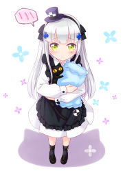 Rule 34 | 1girl, aged down, animal, apron, black apron, black bow, black cat, black footwear, black hairband, blush, bow, cat, closed mouth, commentary request, dress, facial mark, frilled apron, frills, full body, girls&#039; frontline, green eyes, grey socks, hair bow, hair ornament, hairband, harada (sansei rain), hat, highres, hk416 (black kitty&#039;s gift) (girls&#039; frontline), hk416 (girls&#039; frontline), loafers, long sleeves, mini hat, hugging object, official alternate costume, pillow, pillow hug, pleated dress, puffy long sleeves, puffy sleeves, purple headwear, ribbed legwear, shoes, sleeves past wrists, socks, solo, spoken blush, standing, tilted headwear, white background, white dress