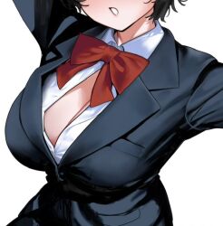 Rule 34 | 1girl, black coat, black hair, blue archive, bow, bowtie, breast focus, breasts, cleavage, coat, large breasts, nanja, open clothes, open shirt, red bow, red bowtie, short hair, simple background, tour guide, tsubaki (blue archive), tsubaki (guide) (blue archive), white background