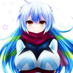 Rule 34 | 1girl, ahoge, blue hair, breasts, crossed arms, green hair, guts seijin, hair ornament, highres, large breasts, long hair, looking at viewer, multicolored hair, orange eyes, red scarf, scarf, smile, smug, solo, star-shaped pupils, star (symbol), streaked hair, symbol-shaped pupils, ultra kaijuu gijinka keikaku, ultra series, ultraseven (series), upper body, watarui