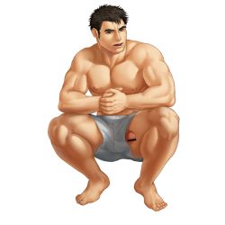 Rule 34 | 1boy, bad id, bad pixiv id, bara, barefoot, borrowed character, facial hair, feet, foreskin, full body, highres, koggo, male focus, nipples, original, pectorals, penis, solo, stubble, tagme, thighs, toes, topless male, transparent background, underwear