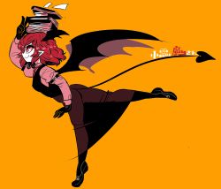 Rule 34 | 1girl, alternate hair length, alternate hairstyle, armband, ass, black gloves, black vest, book, book on head, book stack, character name, demon girl, demon tail, demon wings, full body, gloves, koakuma, leg up, object on head, orange background, paper, pink shirt, pointy ears, red eyes, red hair, see-through, shirt, short hair, simple background, skirt, smile, solo, standing, standing on one leg, tail, thighs, touhou, translated, v, vest, wings, yt (wai-tei)