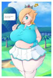 Rule 34 | 1girl, absurdres, blonde hair, blue eyes, breasts, candy, crown, earrings, fat, female focus, food, gloves, hair over one eye, highres, huge breasts, jewelry, lollipop, long hair, looking at viewer, mario (series), mario golf, mario golf: super rush, midriff, miniskirt, navel, nintendo, pantyhose, plump, rosalina, skirt, solo, speech bubble, star (symbol), thick thighs, thighs, wand, wide hips, yummygoods