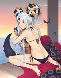 1girl abigail_williams_(fate) abigail_williams_(swimsuit_foreigner)_(fate) abigail_williams_(swimsuit_foreigner)_(first_ascension)_(fate) absurdres ass back bare_shoulders bikini black_bikini black_bow blush bow breasts butt_crack double_bun fate/grand_order fate_(series) forehead hair_bow hair_bun highres keyhole long_hair looking_at_viewer looking_back orange_bow parted_bangs red_eyes sidelocks small_breasts stuffed_animal stuffed_toy swimsuit teddy_bear tentacles third_eye twintails very_long_hair white_hair yossyzero