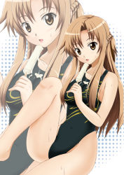 Rule 34 | 10s, 1girl, asuna (sao), braid, brown eyes, brown hair, competition swimsuit, dripping, fuuma nagi, long hair, long legs, one-piece swimsuit, popsicle, sexually suggestive, sweat, swimsuit, sword art online, zoom layer