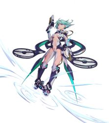 Rule 34 | 1girl, absurdres, cable, flying, gloves, green hair, gun, handgun, high boots, highres, looking at viewer, navel, original, pistol, purple eyes, rotor, weapon, xdy