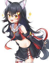 Rule 34 | 1girl, absurdres, animal ear fluff, animal ears, arms behind back, bare shoulders, black hair, black skirt, blush, choker, crop top, detached sleeves, fang, hair ornament, highres, hololive, looking at viewer, midriff, mint (psmin30), multicolored hair, navel, necktie, ookami mio, ookami mio (1st costume), open mouth, orange eyes, pleated skirt, red hair, red neckwear, red ribbon, ribbon, sailor collar, skirt, sleeves past wrists, smile, sparkle, stomach, streaked hair, tail, thighhighs, virtual youtuber, white background, white thighhighs, wolf girl, zettai ryouiki