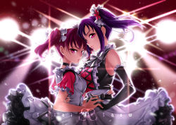 Rule 34 | 10s, 2girls, arm around waist, black choker, black gloves, bow, bowtie, breasts, choker, cross-laced clothes, diffraction spikes, dress, elbow gloves, flower, frilled dress, frilled gloves, frilled shirt collar, frilled sleeves, frills, gloves, hair flower, hair ornament, holding hands, kazuno leah, kazuno sarah, kitano tomotoshi, looking at viewer, love live!, love live! sunshine!!, multiple girls, purple eyes, saint snow, short sleeves, siblings, side ponytail, sisters, sleeveless, smile, snowing, stage lights, twintails, v-shaped eyebrows, white neckwear