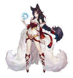 Rule 34 | 1girl, ahri (league of legends), animal ears, bare shoulders, black hair, breasts, cleavage, closed mouth, duto, extra tails, facial mark, fingernails, fox ears, fox tail, full body, highres, kitsune, league of legends, long fingernails, long hair, medium breasts, orange eyes, ponytail, sharp fingernails, shiny skin, simple background, solo, standing, tail, very long hair, white background