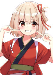 Rule 34 | 1girl, absurdres, ao (flowerclasse), blonde hair, blush, commentary request, grin, hair between eyes, hair ribbon, hands up, highres, japanese clothes, kimono, looking at viewer, lycoris recoil, nishikigi chisato, red eyes, red kimono, red ribbon, ribbon, short sleeves, simple background, smile, solo, tasuki, upper body, white background