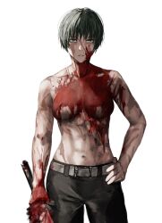 Rule 34 | 1girl, belt, blood, highres, holding, holding sword, holding weapon, jujutsu kaisen, looking at viewer, muscular, muscular female, navel, pants, raberu ruru, scar, scar on arm, scar on face, scar on stomach, short hair, simple background, solo, sword, topless, weapon, white background