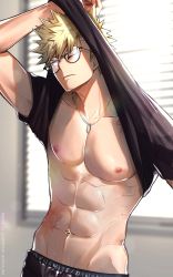 Rule 34 | 1boy, abs, absurdres, bakugou katsuki, black shirt, blonde hair, boku no hero academia, closed mouth, clothes lift, glasses, highres, jewelry, male focus, male underwear, male underwear peek, muscular, muscular male, navel, necklace, nipples, one eye closed, pectorals, scar, scar on stomach, shirt, shirt lift, short hair, solo, spiked hair, underwear, undressing, ushi3 moo