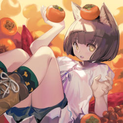 Rule 34 | 1girl, animal ear fluff, animal ears, arm up, autumn, black shorts, black socks, boots, breasts, brown eyes, brown footwear, brown hair, cat ears, commentary request, cross-laced footwear, food, food on head, fruit, holding, holding food, holding fruit, kawasumi (japonica), lace-up boots, leaf print, looking at viewer, lying, mandarin orange, object on head, on back, open mouth, original, print socks, shirt, short hair, short shorts, short sleeves, shorts, small breasts, socks, solo, white shirt