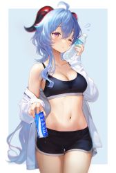 Rule 34 | 1girl, ;o, absurdres, adelie cat, ahoge, alternate costume, bare shoulders, black shorts, black sports bra, blue background, blue hair, blush, border, bottle, breasts, can, cleavage, commentary, cowboy shot, crop top, dolphin shorts, drink, english commentary, flying sweatdrops, ganyu (genshin impact), genshin impact, goat horns, hair between eyes, highres, holding, holding bottle, holding drink, horns, looking at viewer, medium breasts, mole, mole on breast, navel, off shoulder, one eye closed, open clothes, open shirt, parted lips, plastic bottle, purple eyes, shirt, shorts, sidelocks, solo, sports bra, stomach, sweat, thighs, two-tone background, wet, white border, white shirt
