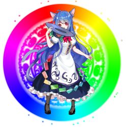 Rule 34 | 1girl, absurdres, ahoge, animal ears, black pantyhose, blue hair, bow, cat ears, cat tail, food, fruit, hat, unworn hat, unworn headwear, highres, hinanawi tenshi, holding, holding clothes, holding hat, kemonomimi mode, long hair, looking to the side, mitaojiu (wumiaoxiao mengjiu), pantyhose, peach, puffy sleeves, rainbow gradient, red bow, red eyes, short sleeves, solo, tail, touhou, very long hair