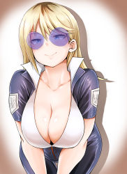 Rule 34 | 1girl, :&gt;, absurdres, adahcm, bent over, blonde hair, blue-tinted eyewear, blue eyes, bodysuit, boku no hero academia, boku no hero academia: world heroes&#039; mission, breasts, claire voyance, cleavage, closed mouth, collarbone, collared shirt, dot nose, downblouse, gradient background, highres, large breasts, long hair, looking at viewer, multicolored background, orange background, rimless eyewear, round eyewear, shiny skin, shirt, simple background, smile, solo, standing, sunglasses, superhero costume, thigh gap, tinted eyewear, white background