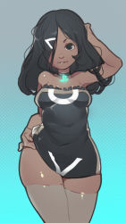Rule 34 | 1girl, bare shoulders, black dress, black eyes, breasts, choker, clothes lift, dark-skinned female, dark skin, dress, dress lift, game console, grey thighhighs, hair over one eye, highres, long hair, neon trim, norasuko, nose, original, parted lips, playstation 4 (personification), plump, product girl, small breasts, solo, sony, standing, strapless, strapless dress, thick thighs, thighhighs, thighs, very dark skin, wide hips, zettai ryouiki