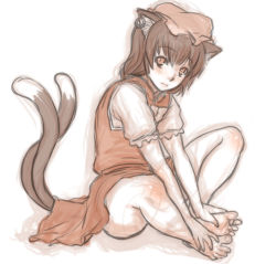 Rule 34 | 1girl, animal ears, bare legs, barefoot, cat ears, cat tail, chen, dress, ear piercing, earrings, feet, hands on feet, hat, jewelry, knees apart feet together, kuro suto sukii, leg hold, limited palette, looking at viewer, mob cap, monochrome, multiple tails, nekomata, piercing, puffy short sleeves, puffy sleeves, shirt, short sleeves, simple background, single earring, solo, tail, toes, touhou