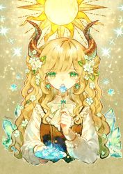 Rule 34 | 1girl, :o, blonde hair, bow, bowtie, bright pupils, brown vest, cropped torso, crystal, earrings, flower, fork, frilled shirt, frills, glowing, gradient eyes, green eyes, hair flower, hair ornament, holding, holding fork, holding plate, horns, jewelry, leaf, long hair, long sleeves, looking at viewer, mariko (leda), multicolored eyes, original, plate, shirt, sleeve cuffs, solo, star (symbol), star earrings, stellated octahedron, straight-on, sun symbol, swept bangs, upper body, vest, wavy hair, white bow, white bowtie, white flower, white pupils, white shirt, yellow background, yellow eyes