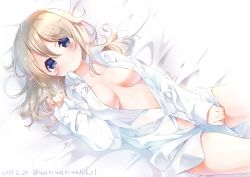 Rule 34 | 1girl, absurdres, aoyama blue mountain, blonde hair, blue eyes, blush, bottomless, breasts, closed mouth, collared shirt, commentary request, covering privates, covering crotch, cowboy shot, dated, dress shirt, fingernails, from above, gochuumon wa usagi desu ka?, hair between eyes, highres, light smile, long hair, looking at viewer, lying, medium breasts, messy hair, naked shirt, neki (wakiko), on back, on bed, partially unbuttoned, shirt, sleeves past wrists, smile, solo, twitter username, white shirt
