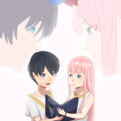 Rule 34 | 10s, 1boy, 1girl, anichka, bare shoulders, black hair, blue eyes, blue horns, blush, book, child, collarbone, commentary, couple, darling in the franxx, dual persona, english commentary, face-to-face, facing another, green eyes, hetero, highres, hiro (darling in the franxx), holding, holding book, horns, long hair, looking at another, oni horns, open mouth, pink hair, red horns, reincarnation, shirt, short hair, short sleeves, sleeveless, sleeveless shirt, spoilers, white shirt, zero two (darling in the franxx)