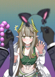 Rule 34 | 1girl, 1other, anal beads, anal tail, animal ears, arknights, black gloves, blurry, blurry foreground, blush, breasts, brown hair, bunsan, butt plug, cat ears, cleavage, coat, crop top, doctor (arknights), embarrassed, fake animal ears, fake tail, gloves, green shirt, highres, long hair, long sleeves, medium breasts, mole, mole under eye, muelsyse (arknights), navel, nervous smile, pointy ears, pov, sex toy, shirt, smile, standing, surprised, tail, white coat, yellow eyes