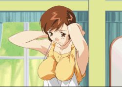 Rule 34 | 1girl, animated, animated gif, breasts, brown eyes, brown hair, large breasts, lowres, official art, short hair, solo, super real mahjong, toyohara etsuko