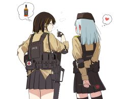 Rule 34 | 2girls, aged down, alcohol, arms behind back, assault rifle, beret, black gloves, black skirt, blunt ends, blush, bottle, breasts, brown hair, bulletproof vest, cigarette, collared shirt, commentary, commentary request, cowboy shot, cross, ear blush, elbow pads, english commentary, fingerless gloves, flower, from behind, full-face blush, girls&#039; frontline, gloves, gun, gun sling, hand on own arm, hand on own hip, hand up, hat, heart, hk416 (girls&#039; frontline), holding, holding cigarette, holding flower, huqu, imagining, implied yuri, jack daniel&#039;s, korean commentary, load bearing vest, long hair, long sleeves, looking at another, m16, m16a1, m16a1 (girls&#039; frontline), medium hair, military, military uniform, miniskirt, mixed-language commentary, multicolored hair, multiple girls, orange hair, pleated skirt, red cross, rifle, rose, shirt, side-by-side, sidelocks, silver hair, simple background, skirt, smoke, smoking, streaked hair, tactical clothes, thighhighs, thought bubble, uniform, weapon, whiskey, white background, yellow eyes, yellow shirt