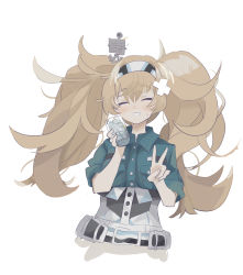 Rule 34 | 1girl, absurdres, blonde hair, blue shirt, breast pocket, breasts, collared shirt, commission, cup, drinking glass, closed eyes, facing viewer, gambier bay (kancolle), glass, hairband, highres, ice, ice cube, kantai collection, large breasts, multicolored clothes, pocket, shirt, simple background, solo, twintails, umi owl, upper body, white background