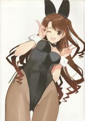 Rule 34 | 1girl, absurdres, animal ears, black leotard, breasts, brown eyes, brown hair, detached collar, double v, fake animal ears, hair ornament, hands up, highleg, highleg leotard, highres, idolmaster, idolmaster cinderella girls, leotard, lips, long hair, looking at viewer, medium breasts, mibu natsuki, one eye closed, page number, pantyhose, playboy bunny, rabbit ears, scan, shimamura uzuki, simple background, smile, solo, strapless, strapless leotard, teeth, upper teeth only, v, wrist cuffs