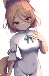 Rule 34 | 1girl, animal ears, blonde hair, bow, breasts, closed mouth, darumoon, fox ears, fox tail, green bow, hair between eyes, hand up, highres, jumpsuit, kudamaki tsukasa, looking at viewer, medium breasts, shadow, short hair, short sleeves, simple background, smile, solo, standing, tail, touhou, white background, white jumpsuit, white sleeves