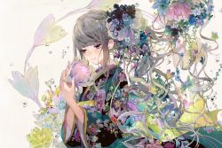 Rule 34 | 1girl, blunt bangs, blush, braid, closed mouth, flower, flower request, gem, green eyes, green kimono, grey hair, hair flower, hair ornament, half-closed eyes, holding, holding flower, japanese clothes, jewelry, kimono, long hair, long sleeves, nose blush, obi, original, pearl (gemstone), sash, simple background, smile, solo, too many flowers, tsukioka tsukiho, upper body, very long hair, water, water drop, wavy hair, white background, wide sleeves