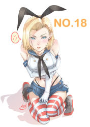 Rule 34 | 1girl, android 18, anger vein, artist name, asdj, bare shoulders, black panties, blonde hair, blue eyes, blue skirt, breasts, buttons, character name, closed mouth, cosplay, crop top, crossover, dragon ball, dragonball z, earrings, elbow gloves, full body, gloves, groin, hair ornament, hairband, highleg, highleg panties, hoop earrings, jewelry, kantai collection, kneeling, large breasts, looking at viewer, microskirt, midriff, miniskirt, navel, panties, pleated skirt, sailor collar, shadow, shimakaze (kancolle), shimakaze (kancolle) (cosplay), shoes, short hair, simple background, skirt, solo, spoken anger vein, striped clothes, striped thighhighs, thighhighs, underwear, white background, white gloves
